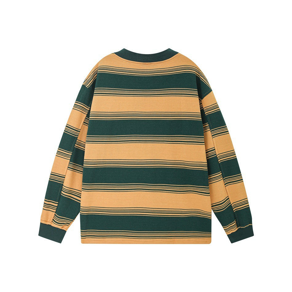 Back of a flat-lay long-sleeve shirt with broad mustard and dark green horizontal stripes and a green collar.