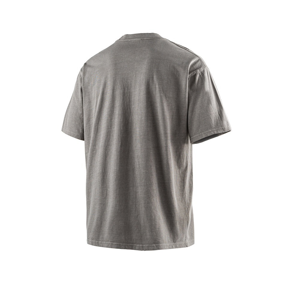 Back view of a plain gray short-sleeve crew-neck T-shirt on a white background.