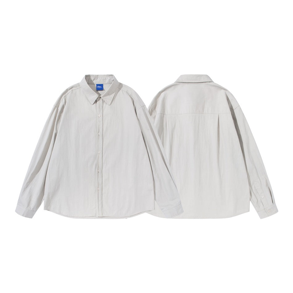 Light gray long-sleeve button-up shirt shown flat from the front and back on a white background.