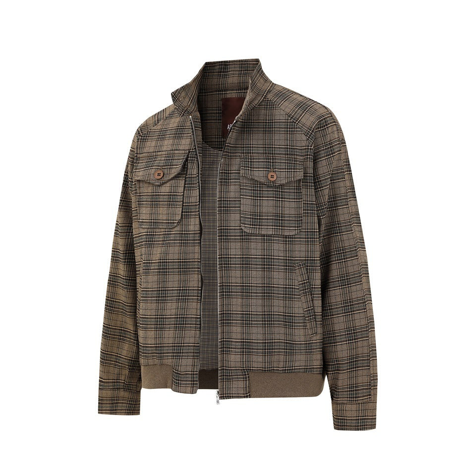 Brown plaid jacket angled with front zip partly open, showing flap pockets, ribbed hem and inner collar label