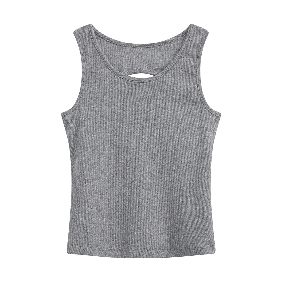 Heather gray ribbed sleeveless tank top flat lay with round neckline and oval back cutout