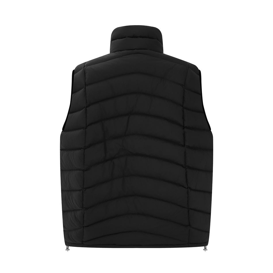 Black sleeveless quilted vest shown from the back, with a high collar and horizontal quilting.