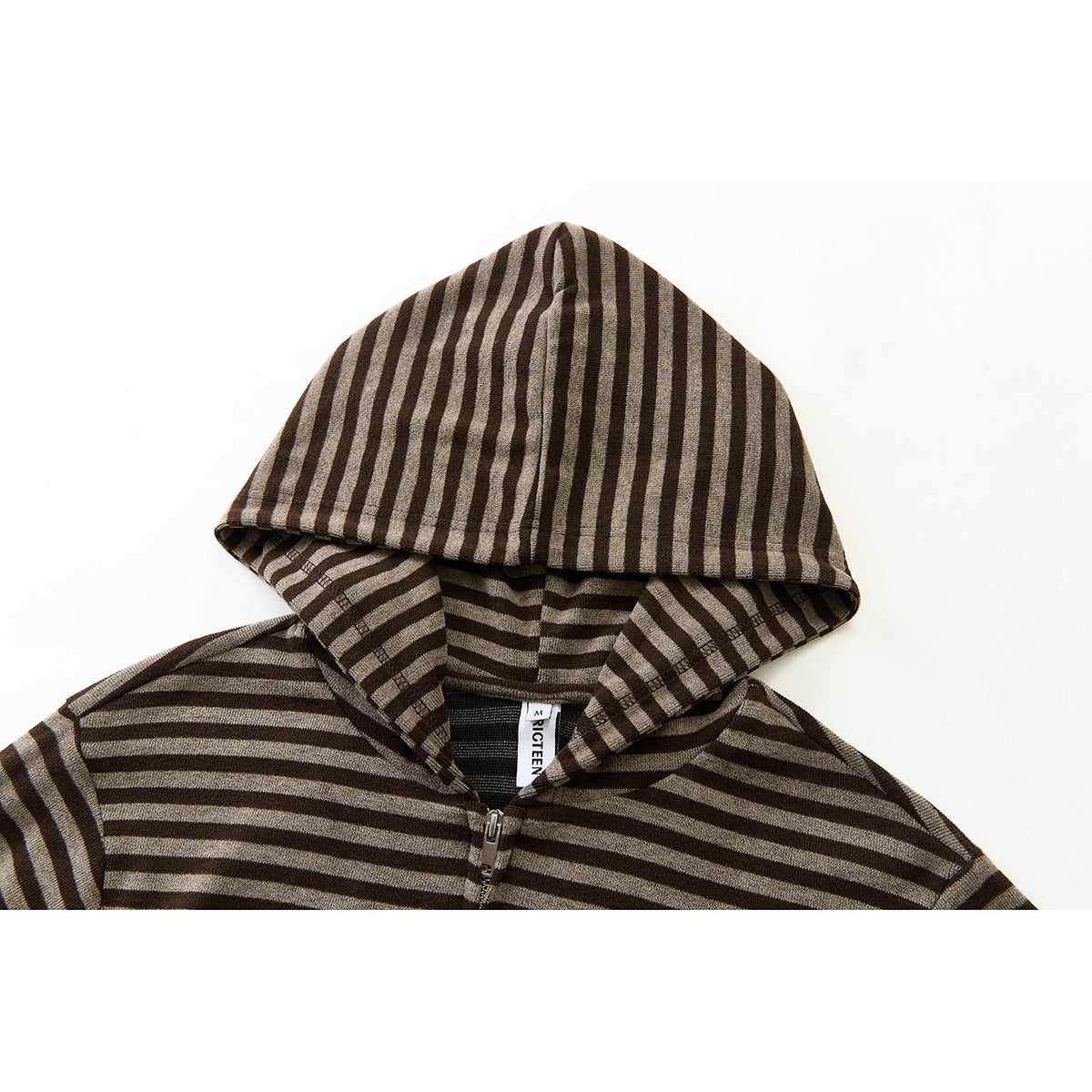 Close-up of a brown and taupe striped hoodie with its hood up and front zipper visible.