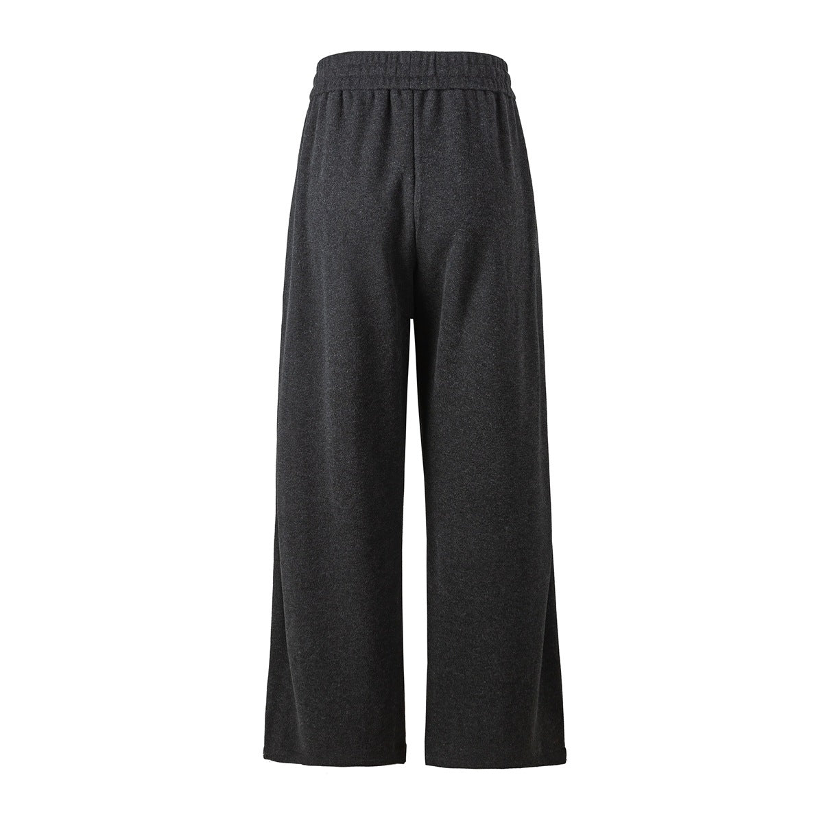 Charcoal gray wide-leg pants with elastic waistband, back view on white background