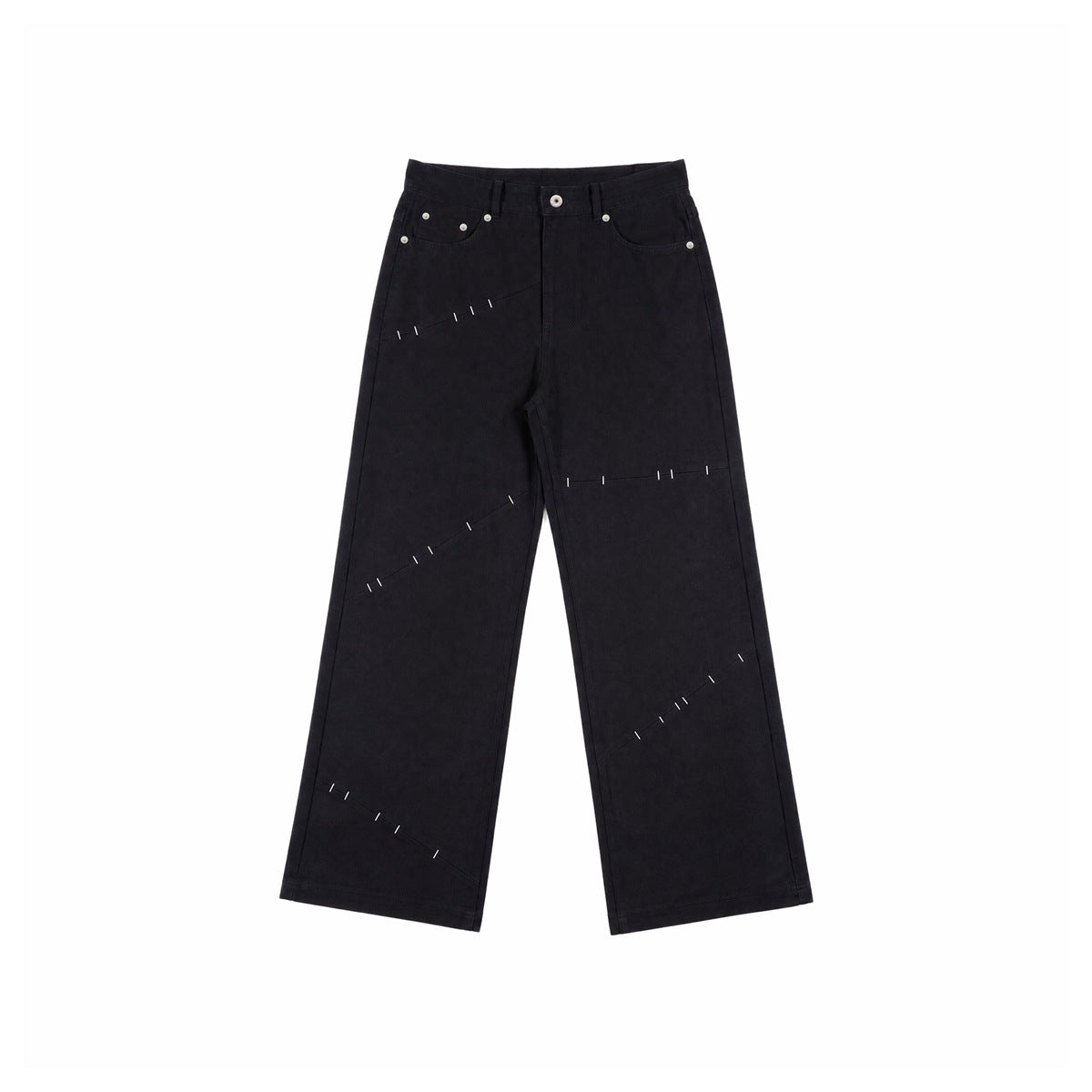 Black wide-leg pants front view with diagonal seams, small light bar-tack accents and metal rivets at the pockets