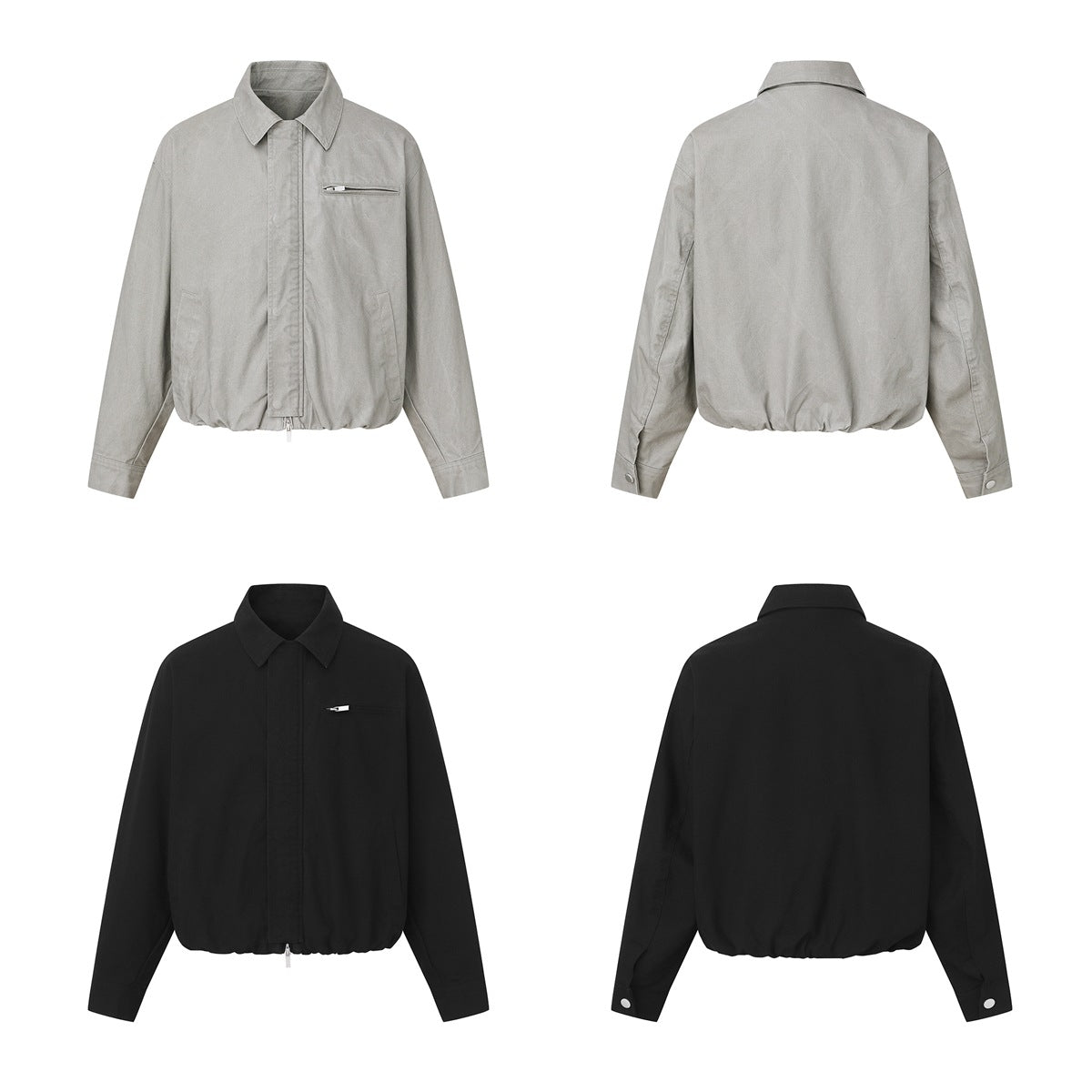 Front and back flat lays of the gray and black zip jackets, showing back button cuffs and elastic hem