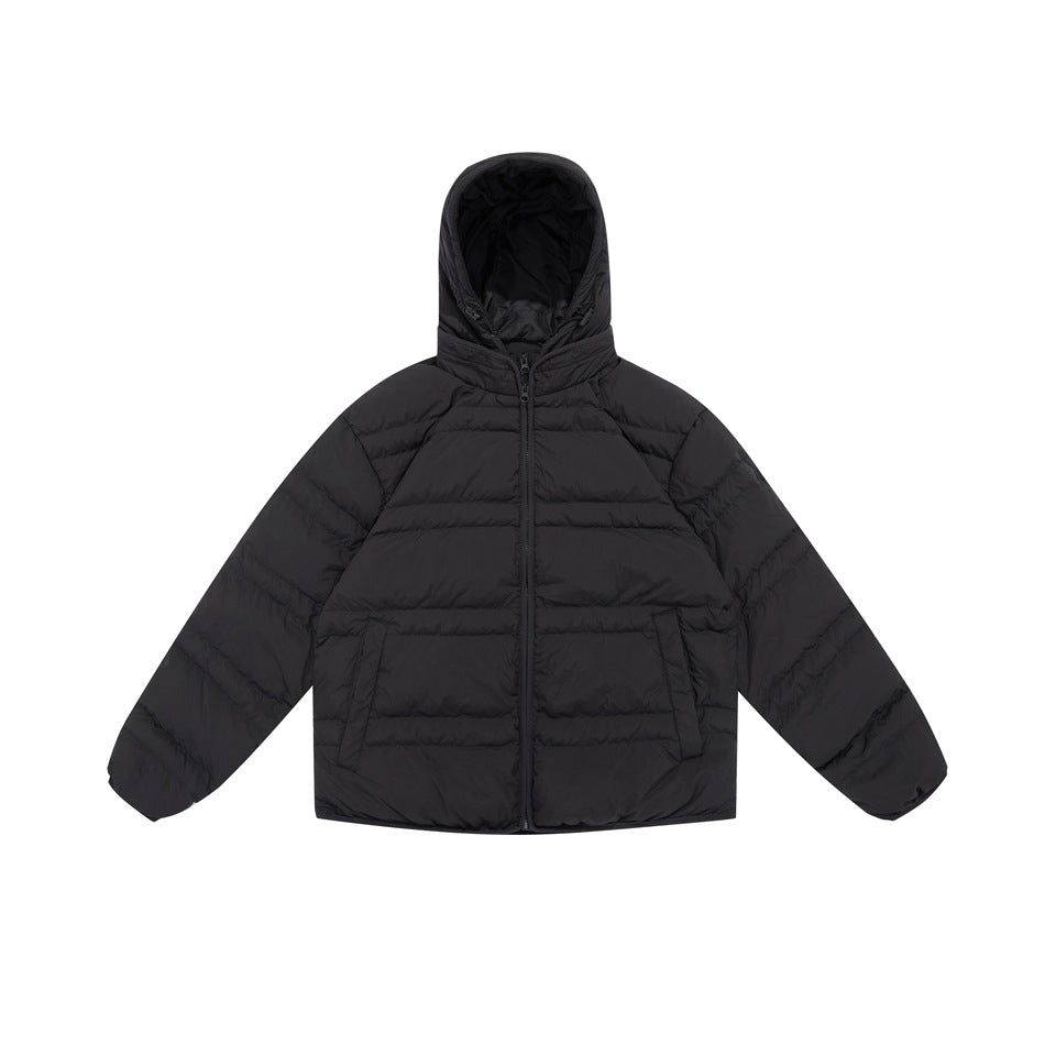 Black hooded quilted puffer jacket with front zipper and two front pockets, shown flat from the front