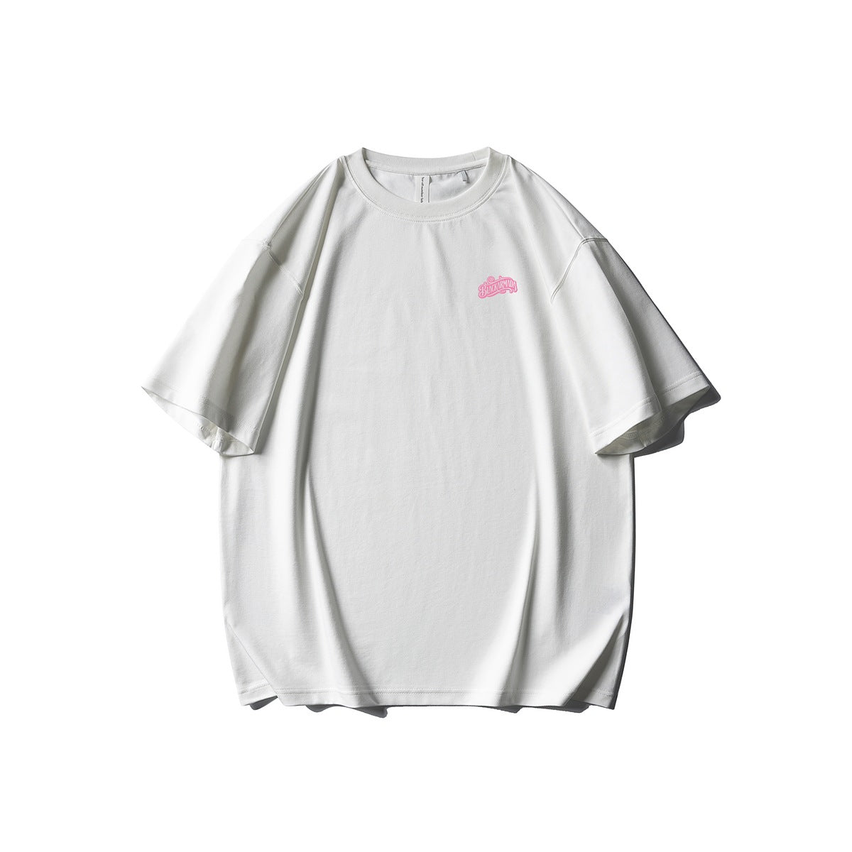 White crew-neck short-sleeve T-shirt front view with small pink chest logo
