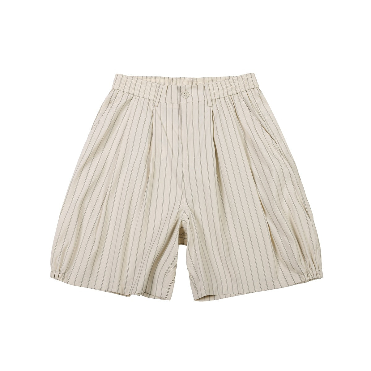 Beige pinstriped knee-length shorts with elastic waist, front button, pleats and gathered leg hems, flat lay front view