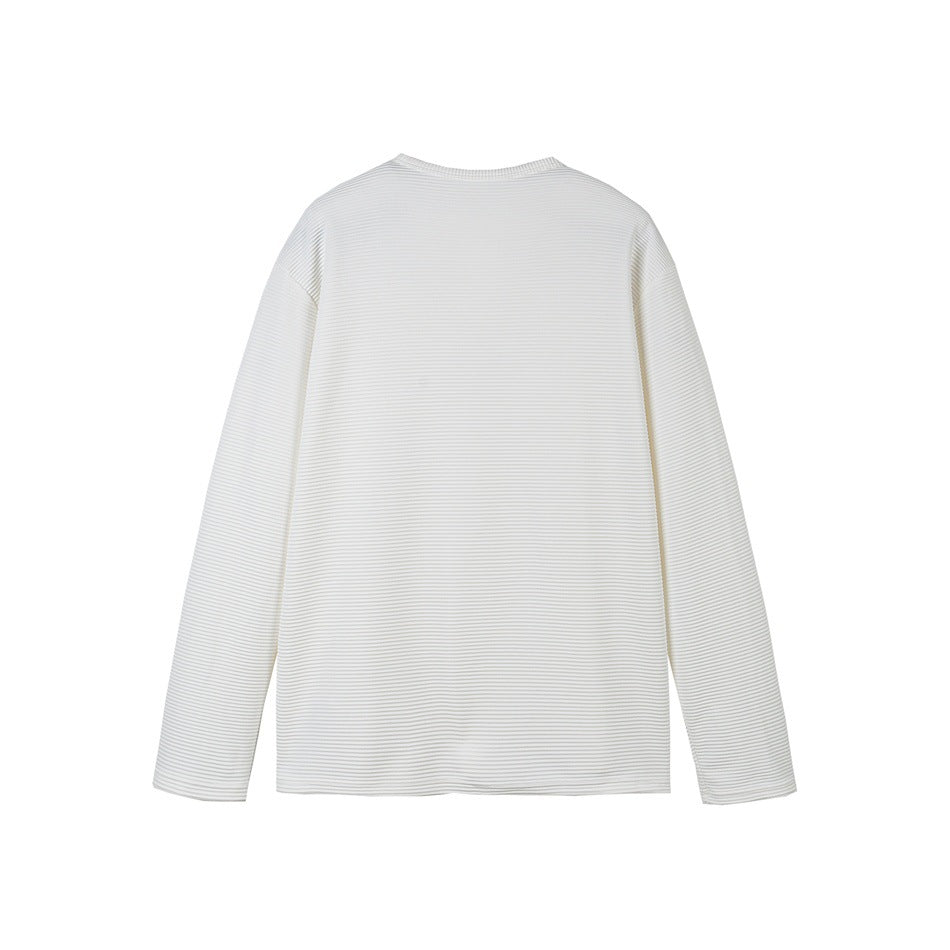 Back view of a white long-sleeve shirt with fine horizontal ribbing, shown flat against a white background.