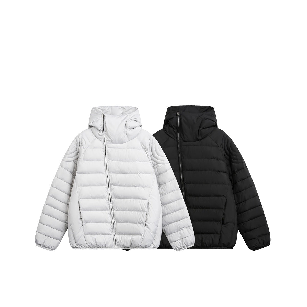 Two hooded quilted zip-front jackets shown together in light gray and black.
