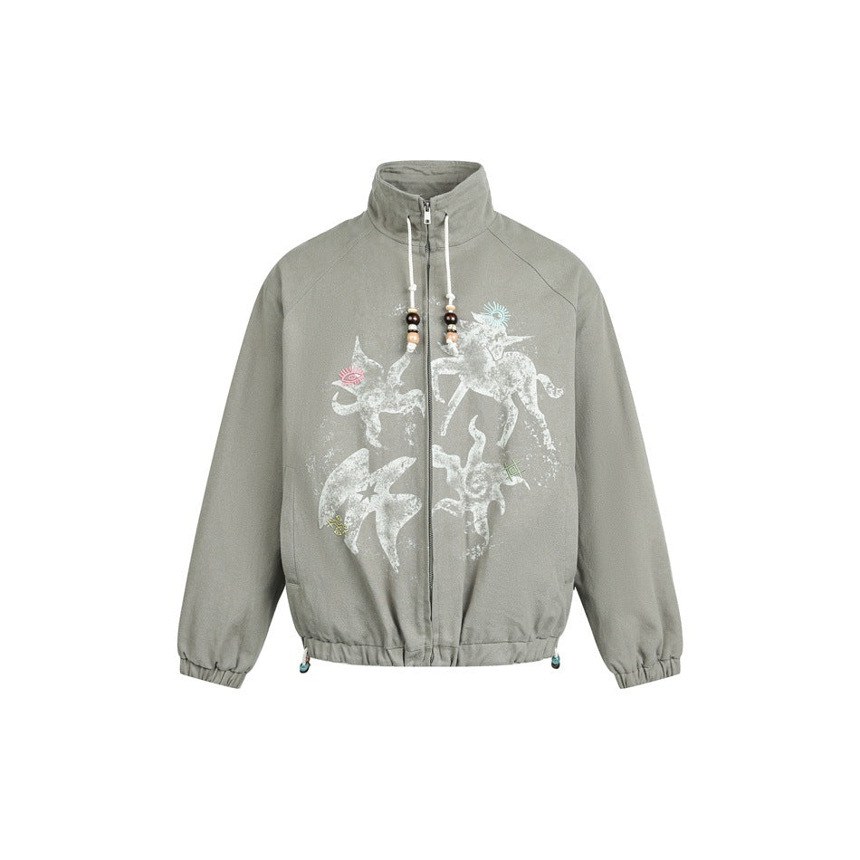 Gray stand-collar zip jacket with beaded drawcords and distressed white animal print on the front, flat view