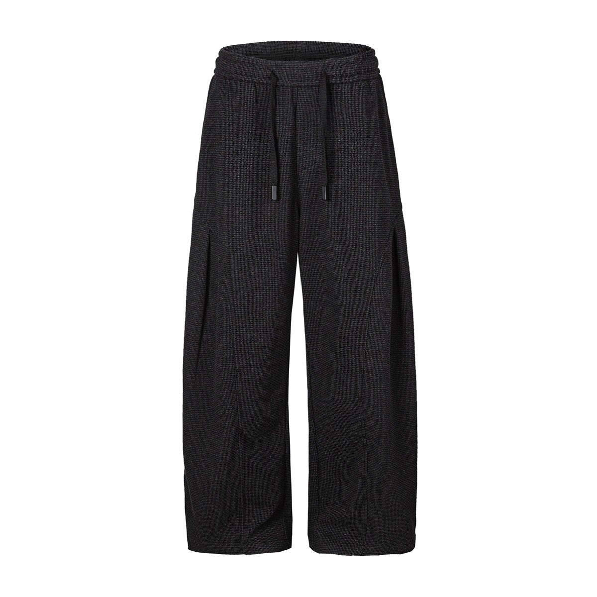 Dark charcoal wide-leg drawstring pants with textured knit surface and curved seams, flat front view