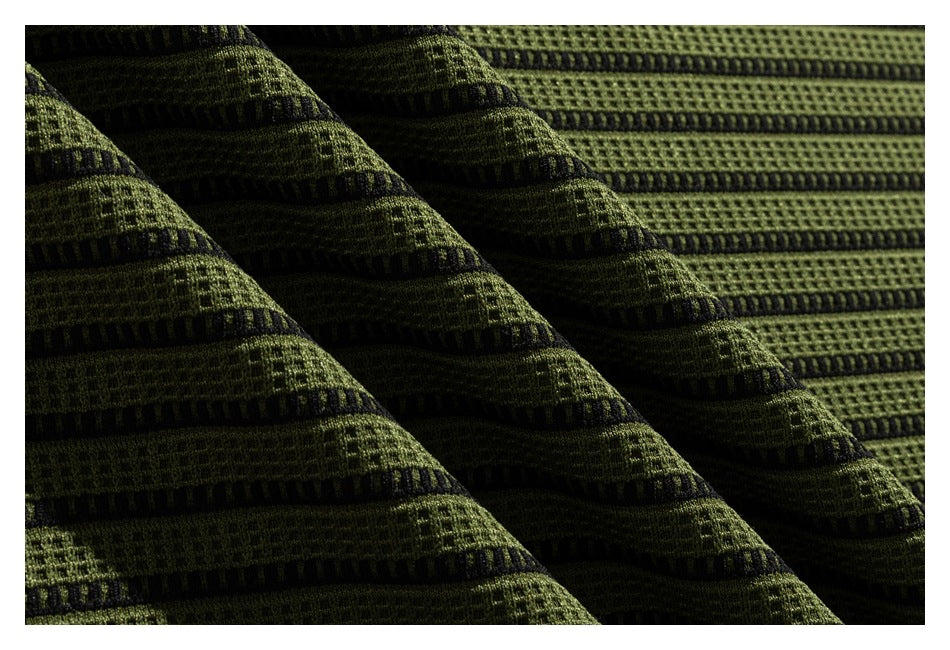 Macro view of the raised olive-green fabric texture and repeating black stripe pattern.