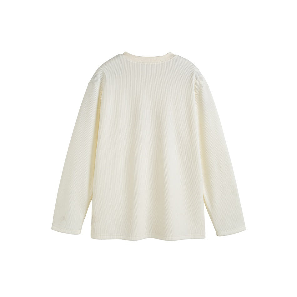 Back view of an ivory long-sleeve crew-neck top with a straight hem on a white background.