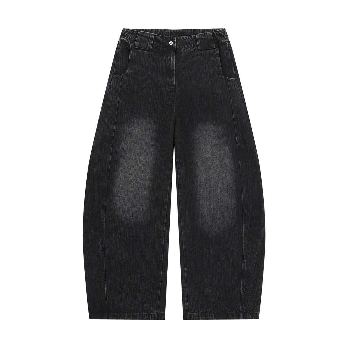 Black washed wide-leg barrel jeans with faded knee patches, front flat view