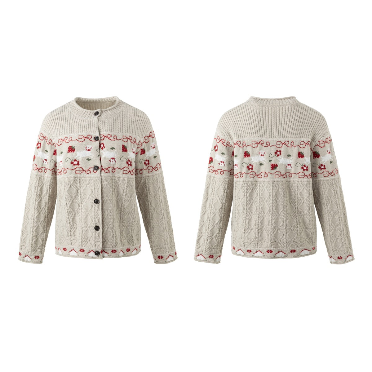 Front and back views of a cream button-front cardigan with textured knit and red, green, and white patterned bands.