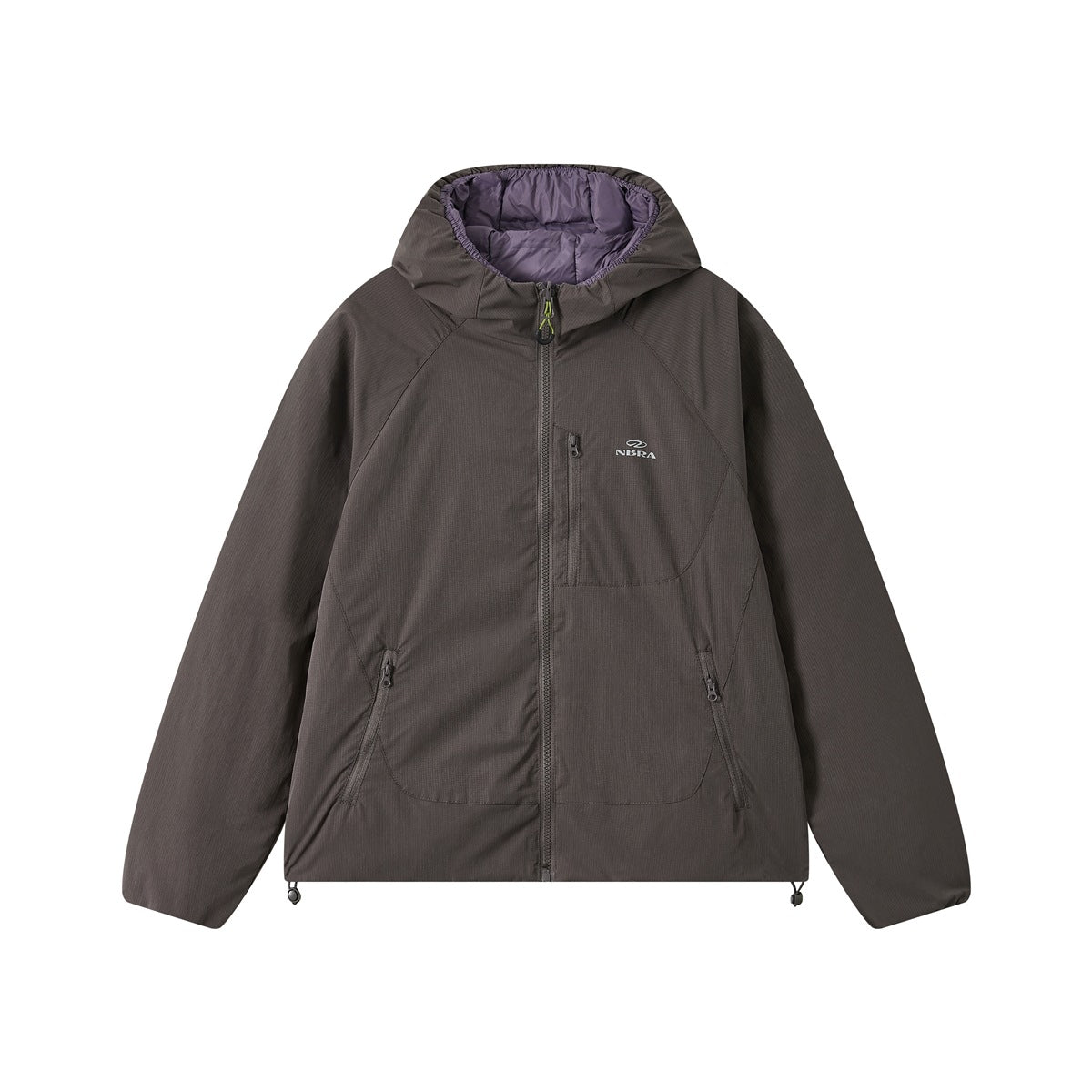 Dark gray hooded zip jacket flat lay with chest zip pocket, zippered hand pockets and purple lining at the hood