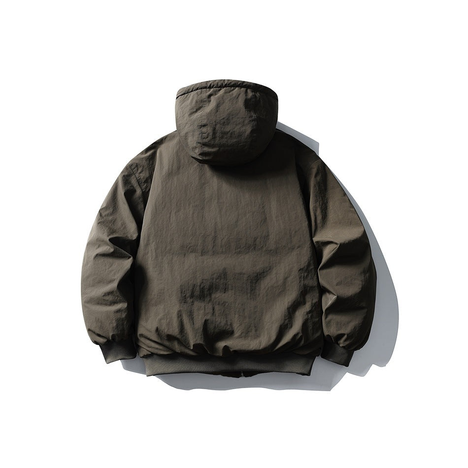 Back view of an olive-gray hooded jacket with long sleeves and a rib-knit hem and cuffs.