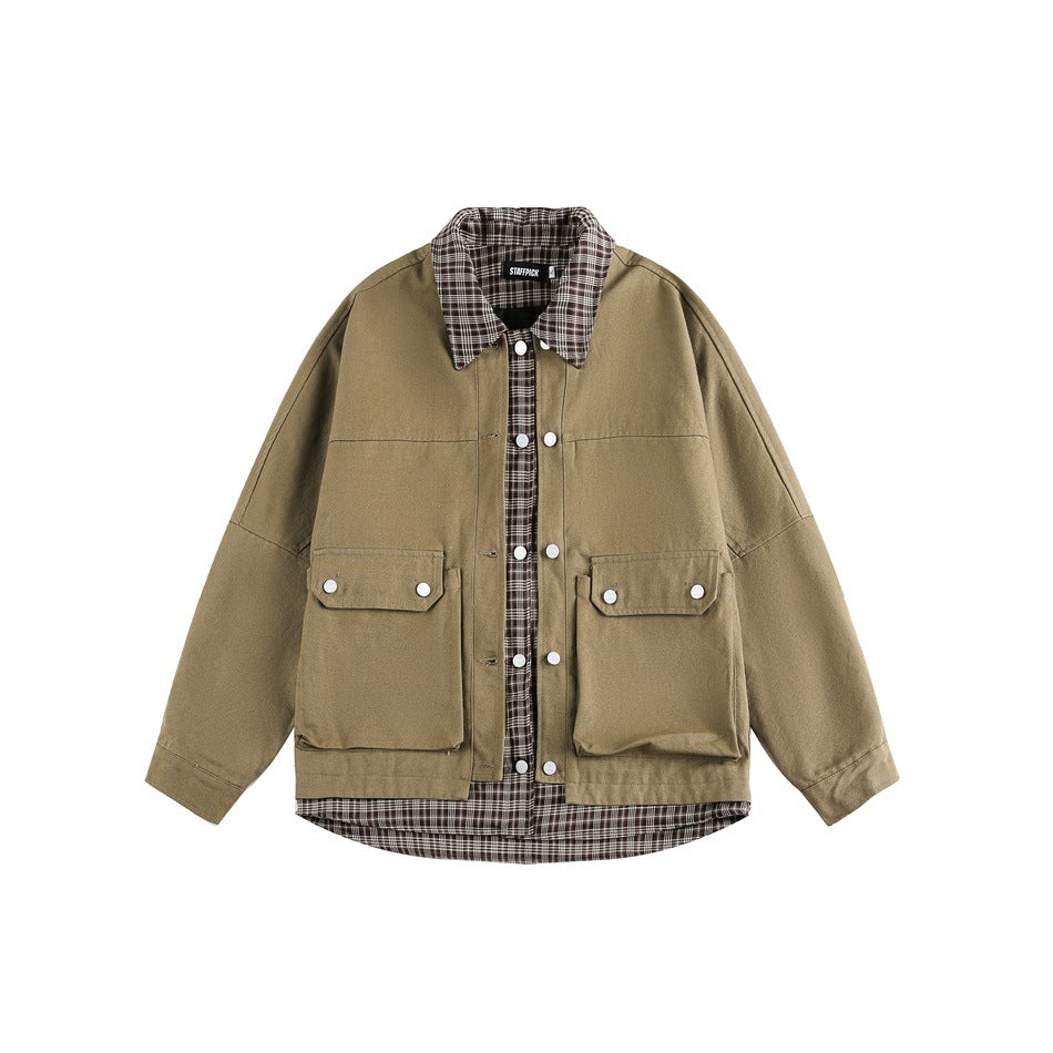 Khaki green jacket flat lay with plaid collar, snap front, large flap pockets and plaid layer at the hem