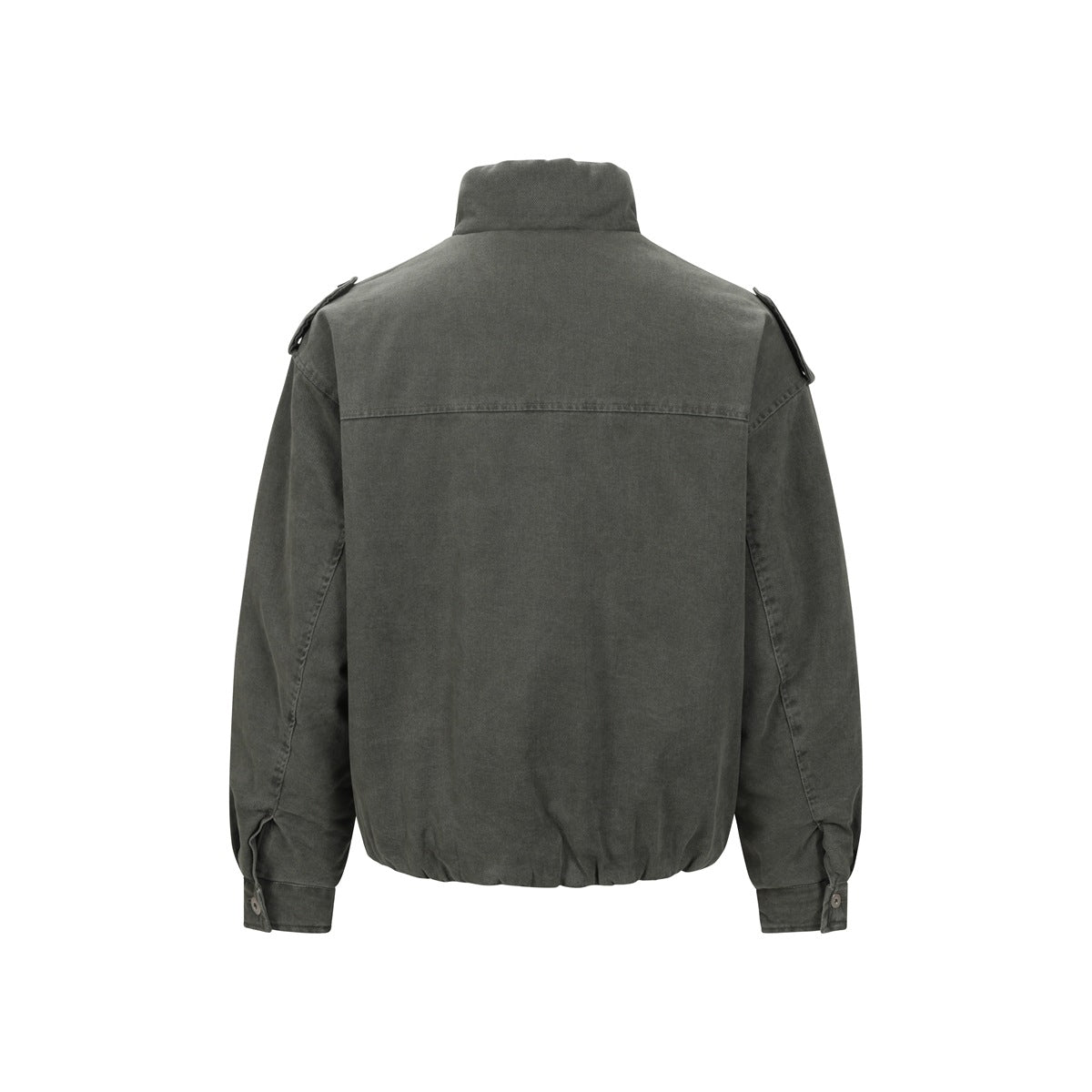 Back view of a charcoal gray high-collar jacket with shoulder tabs and long sleeves.