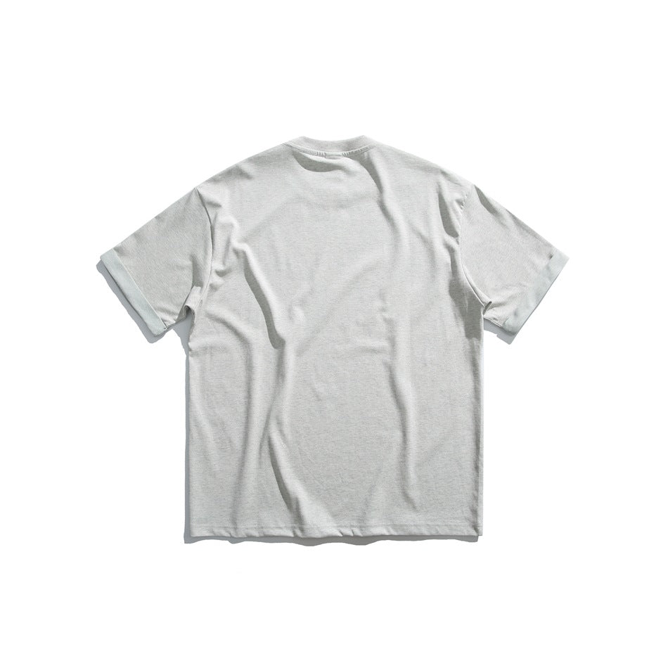 Back view of a light gray short-sleeve T-shirt with folded sleeve cuffs.