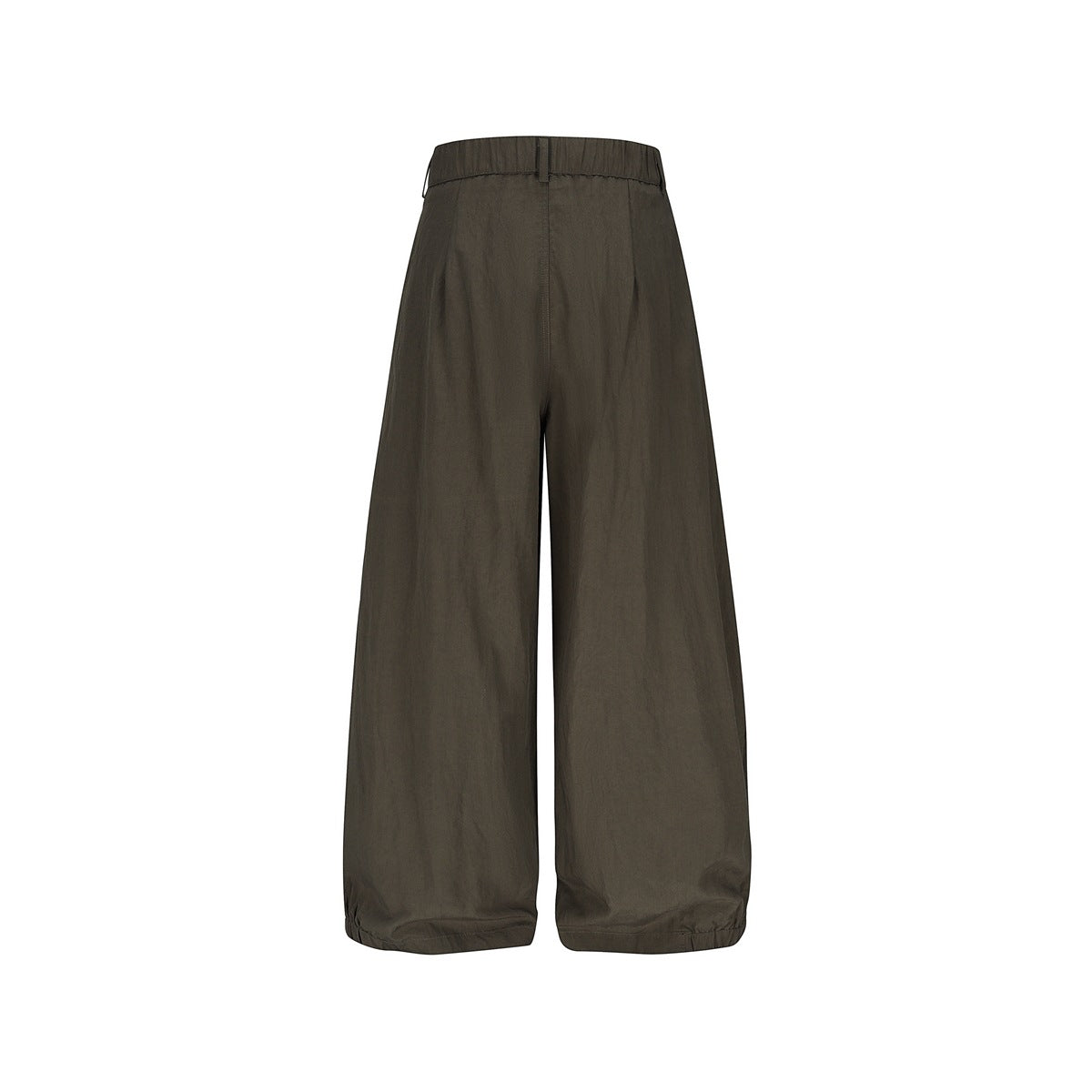 Olive-brown wide-leg pants, back view, with elastic waistband and gathered ankle hems