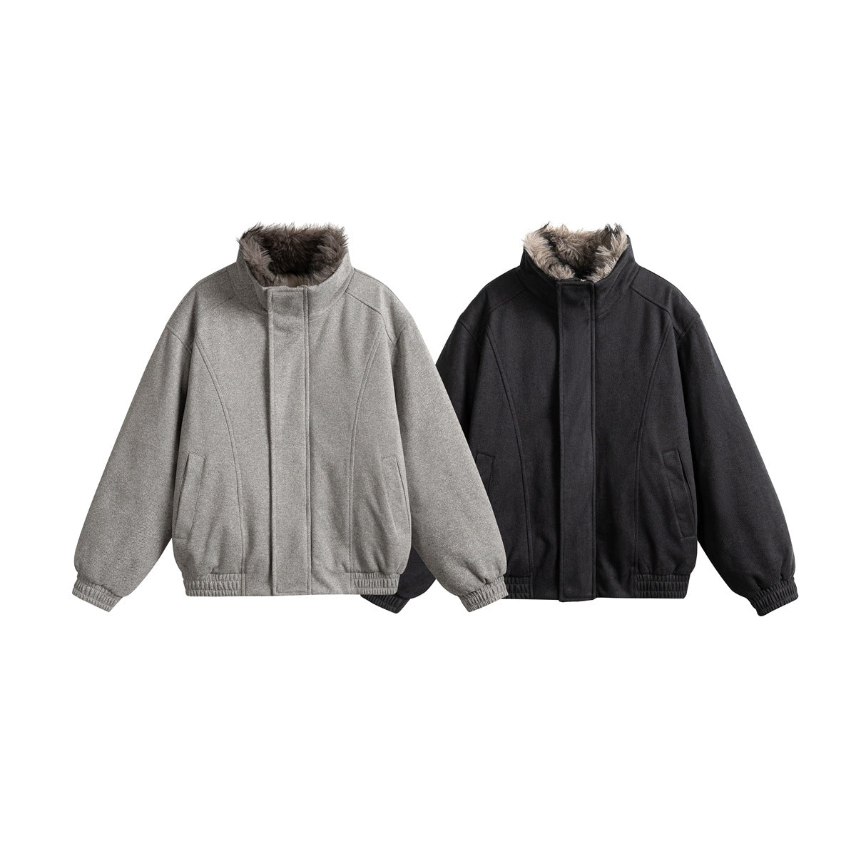 Two front-view jackets in gray and black, each with a high faux-fur-trimmed collar, covered closure, pockets, and elastic