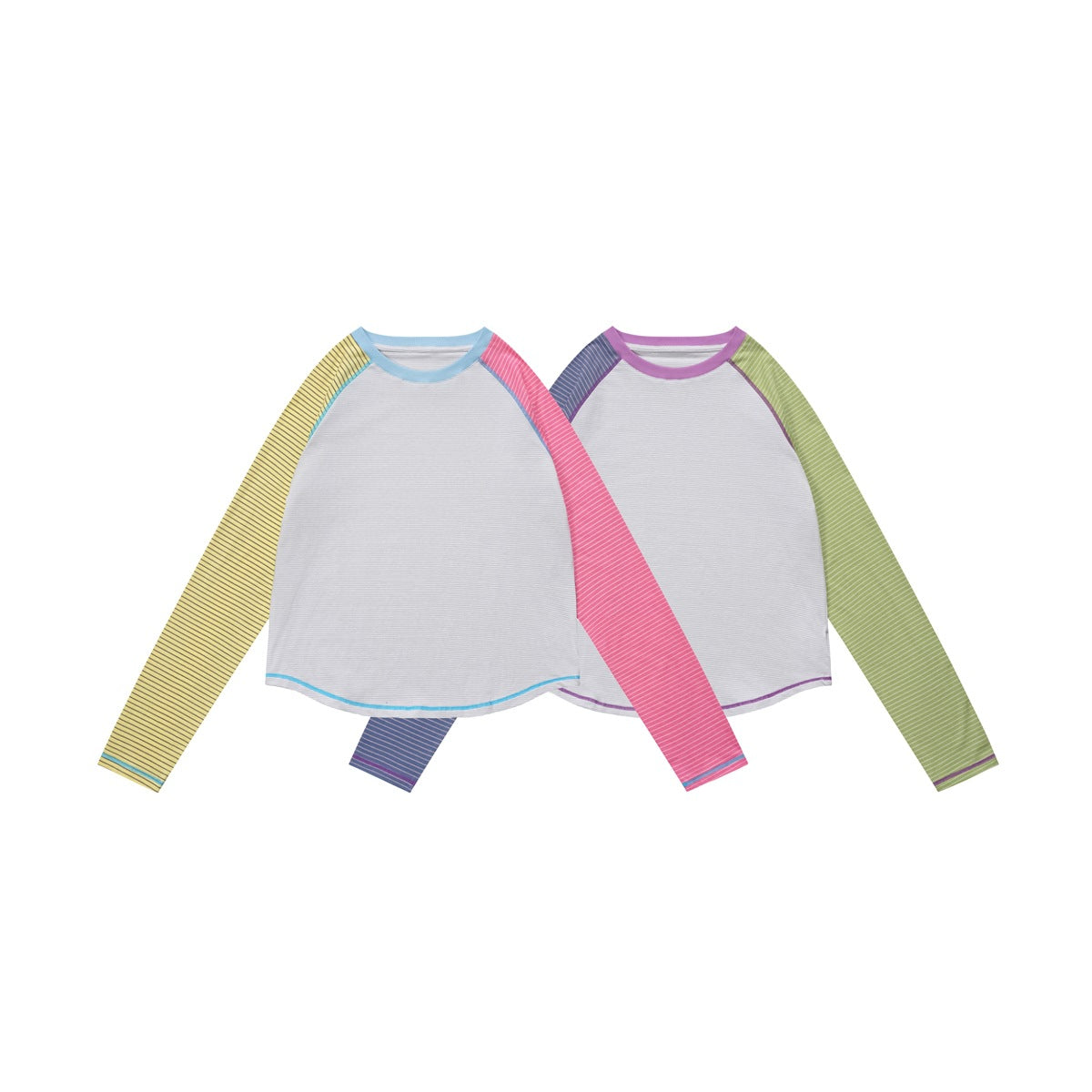 Two long-sleeve raglan shirts shown from the front, with light gray bodies and contrasting striped sleeves in different color