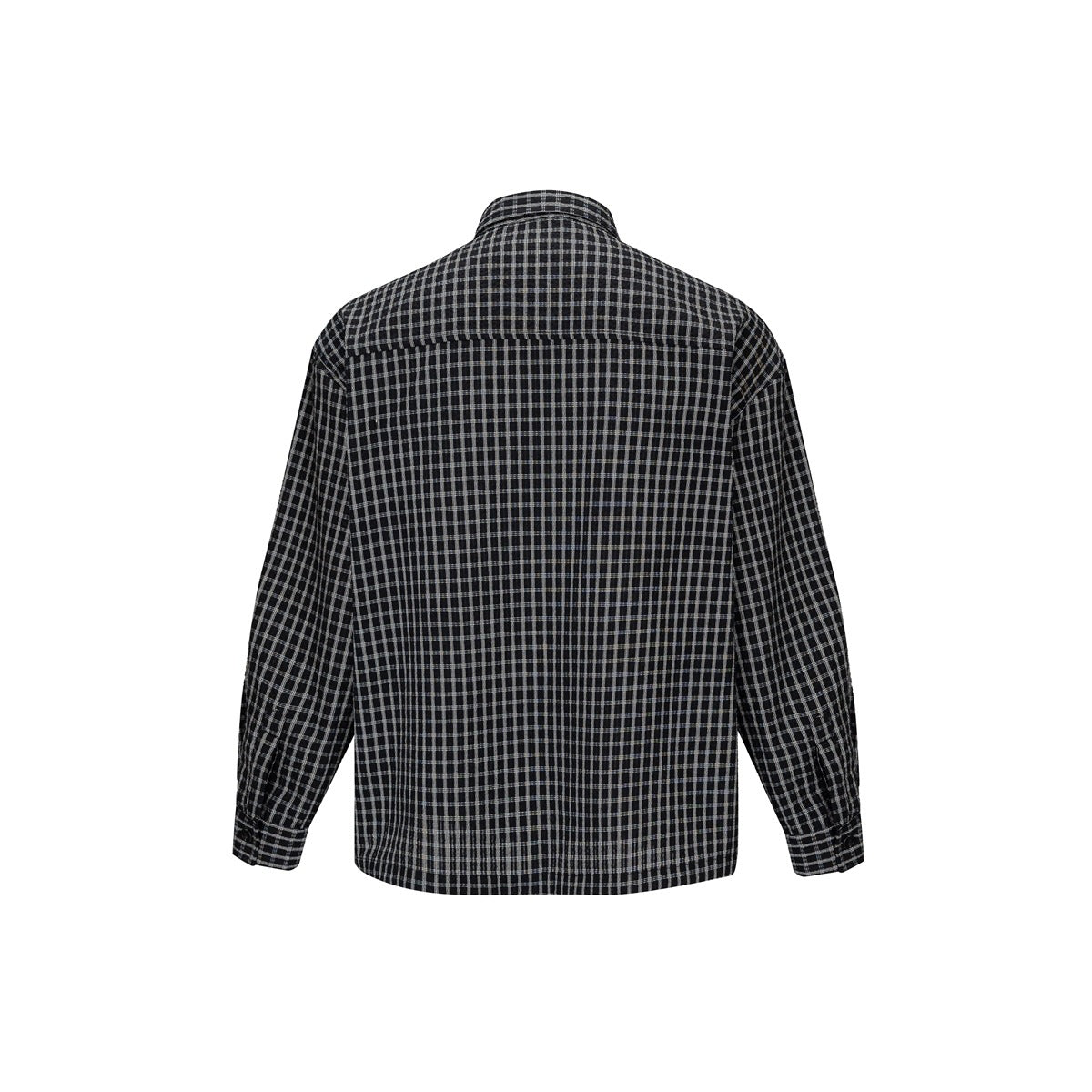 Back view of a black long-sleeve shirt with a small gray grid plaid pattern.