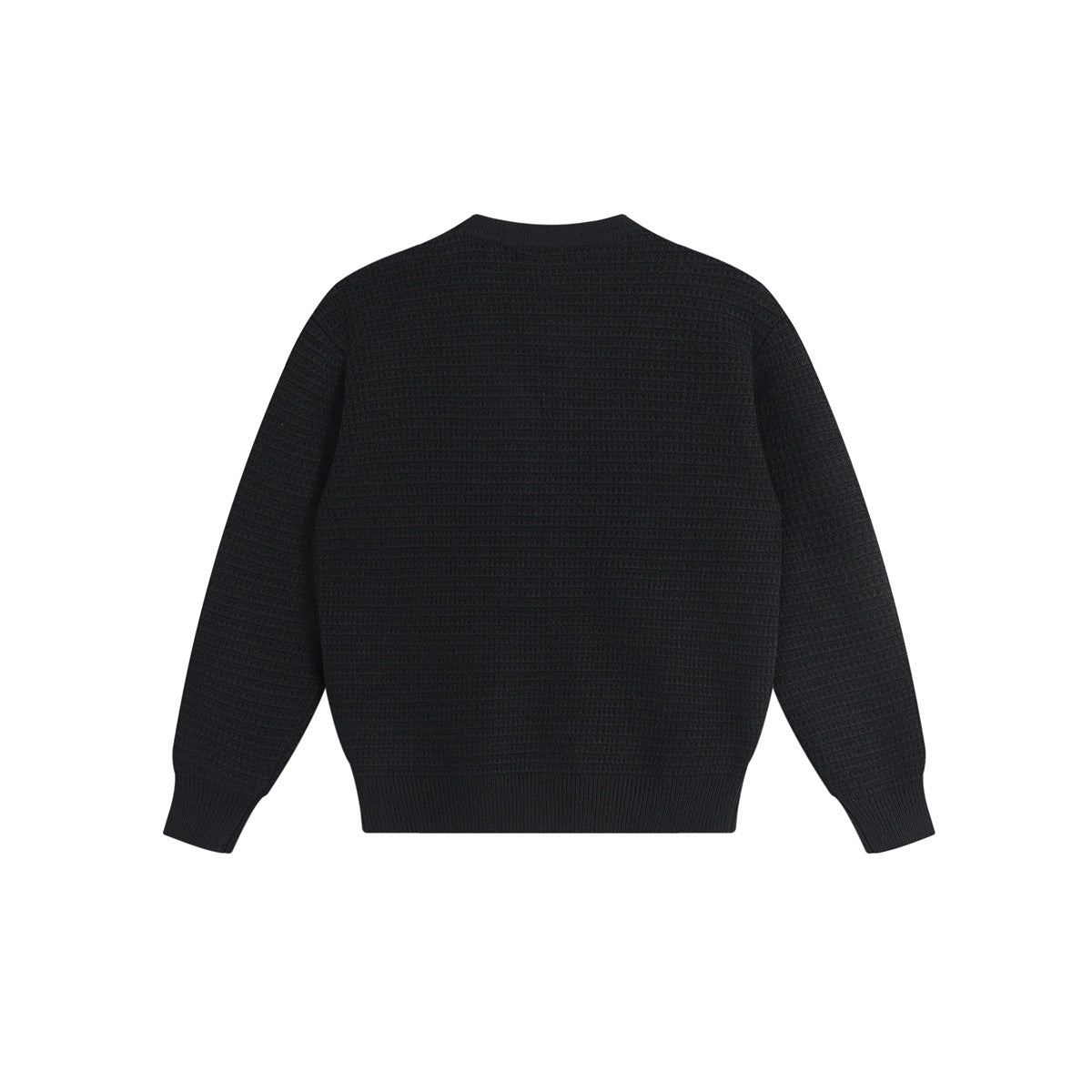 Back view of a black textured knit sweater with a crew neckline and ribbed cuffs and hem.