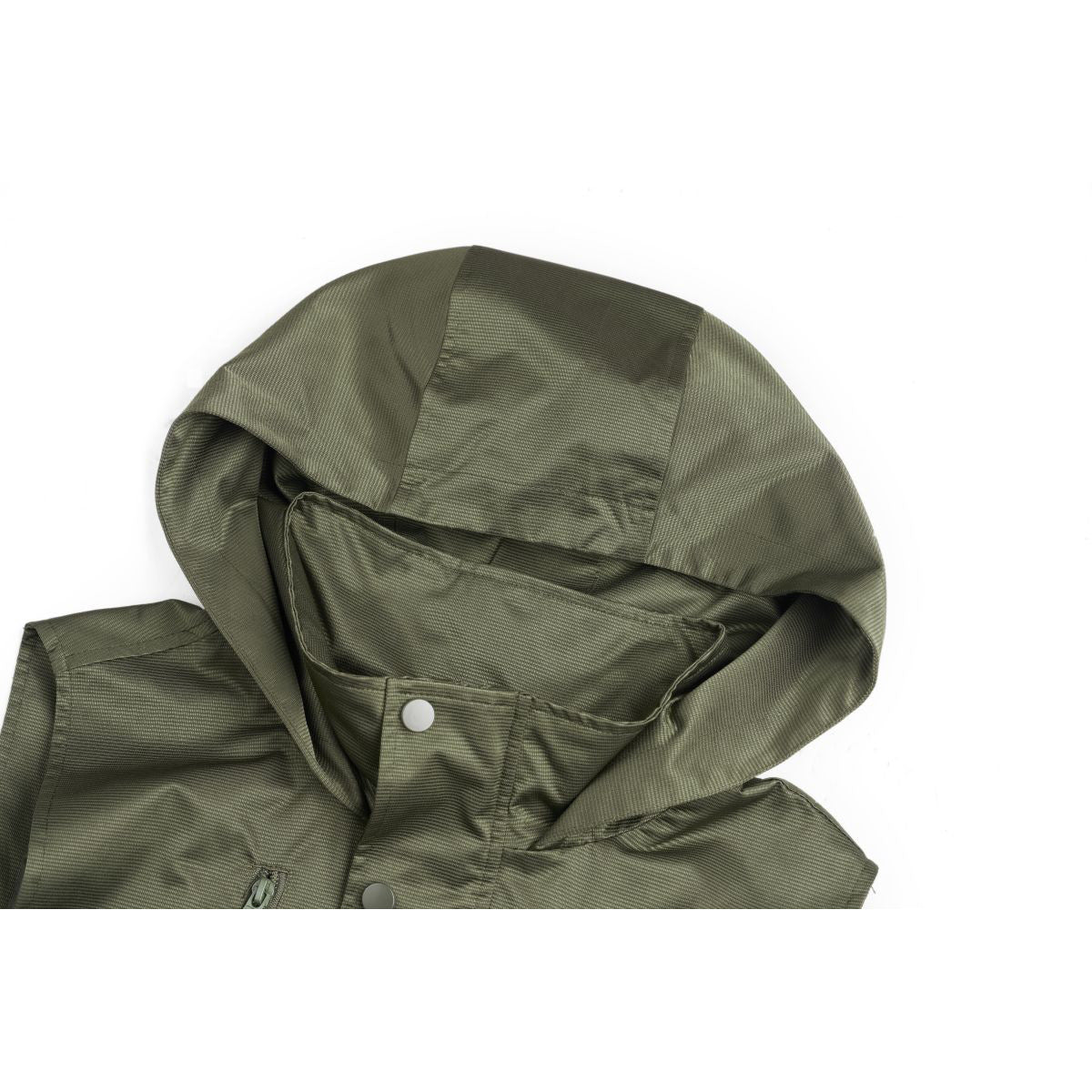 Close-up of an olive-green hooded vest showing the hood lining, front snap, and part of a zipper.