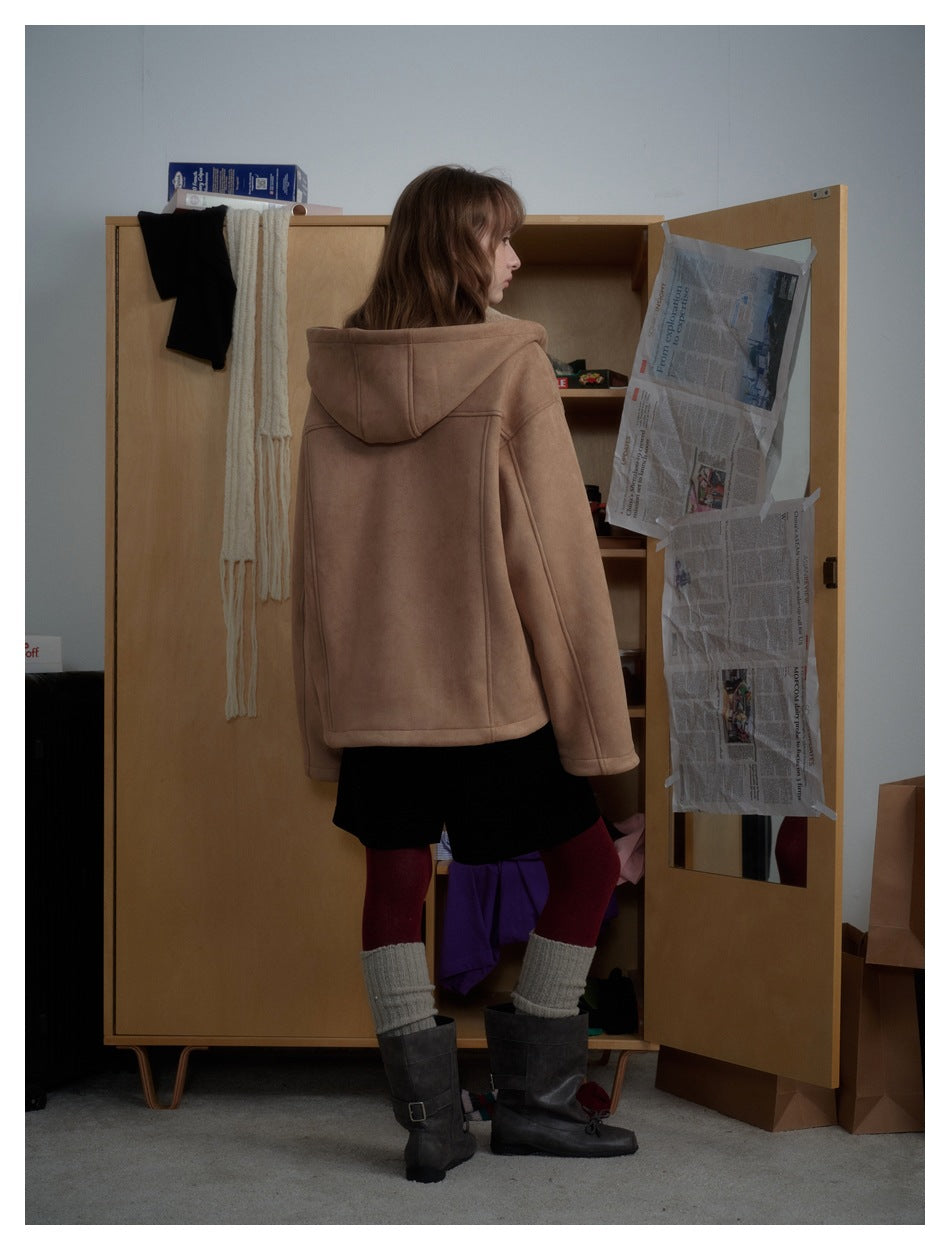 Rear view of a model wearing a tan hooded coat with long sleeves and a straight hem.