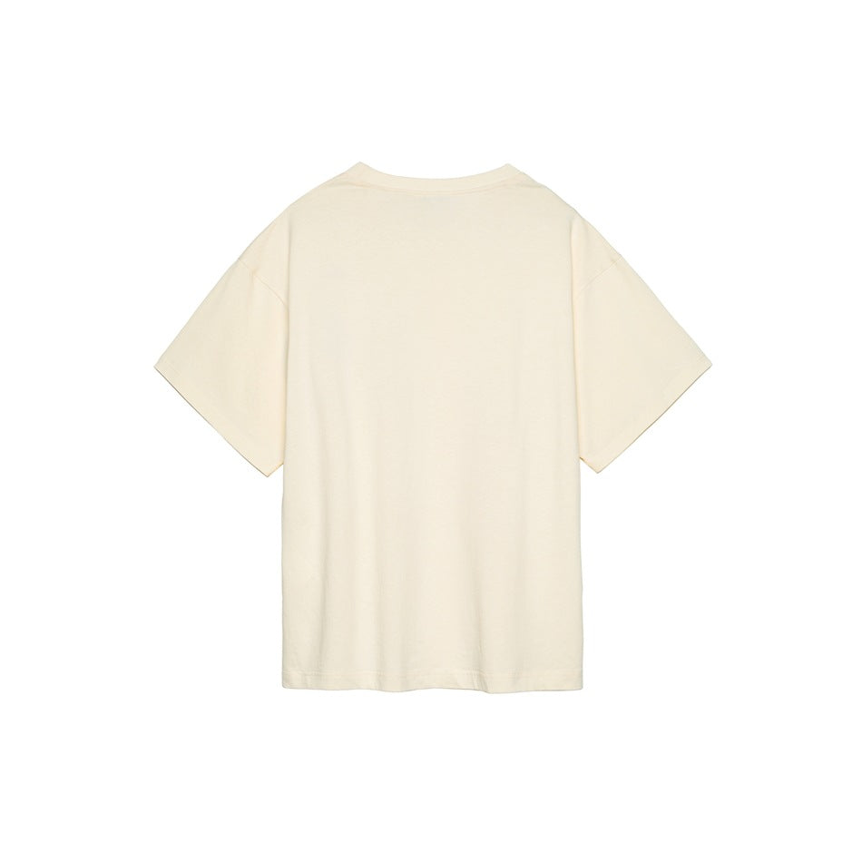 Back view of off-white short-sleeve crew-neck T-shirt with dropped shoulders and a plain back