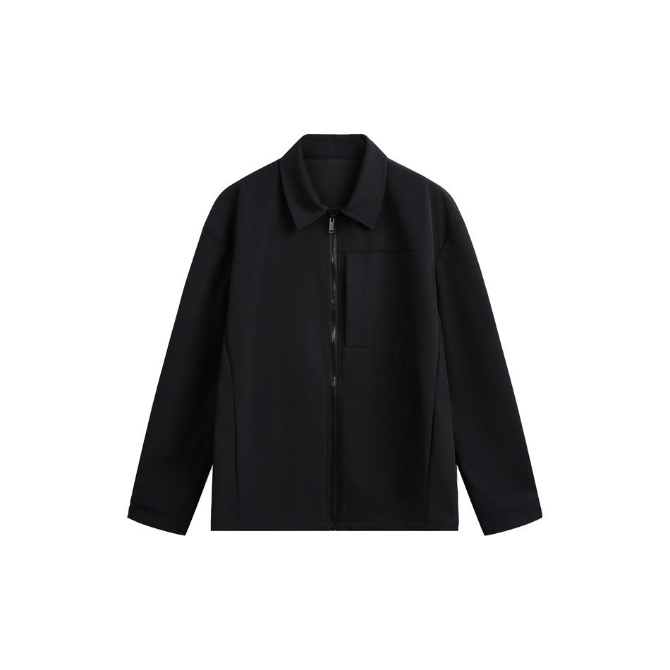 Black collared zip-front jacket with chest pocket, flat lay front view on white background