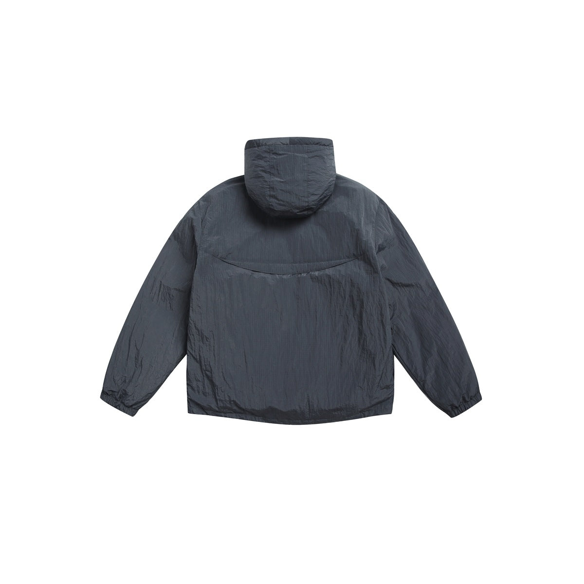 Back view of a dark charcoal hooded jacket with long sleeves and a curved seam across the upper back.