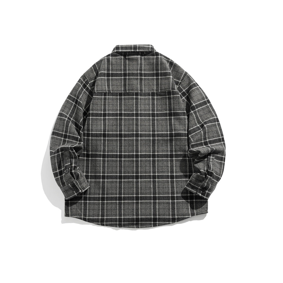 Back view of a long-sleeved charcoal gray plaid shirt, laid flat against a white background.