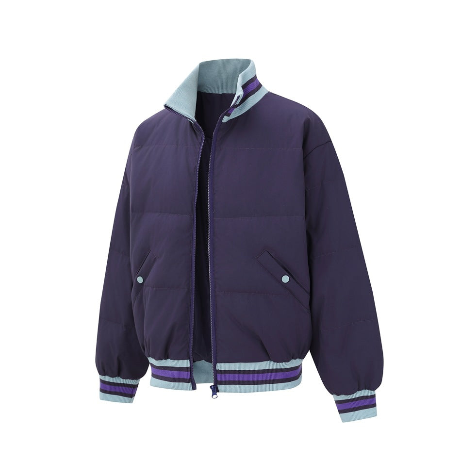 Purple quilted bomber jacket at a three-quarter angle with the front zipper partly open, showing the collar and striped trim