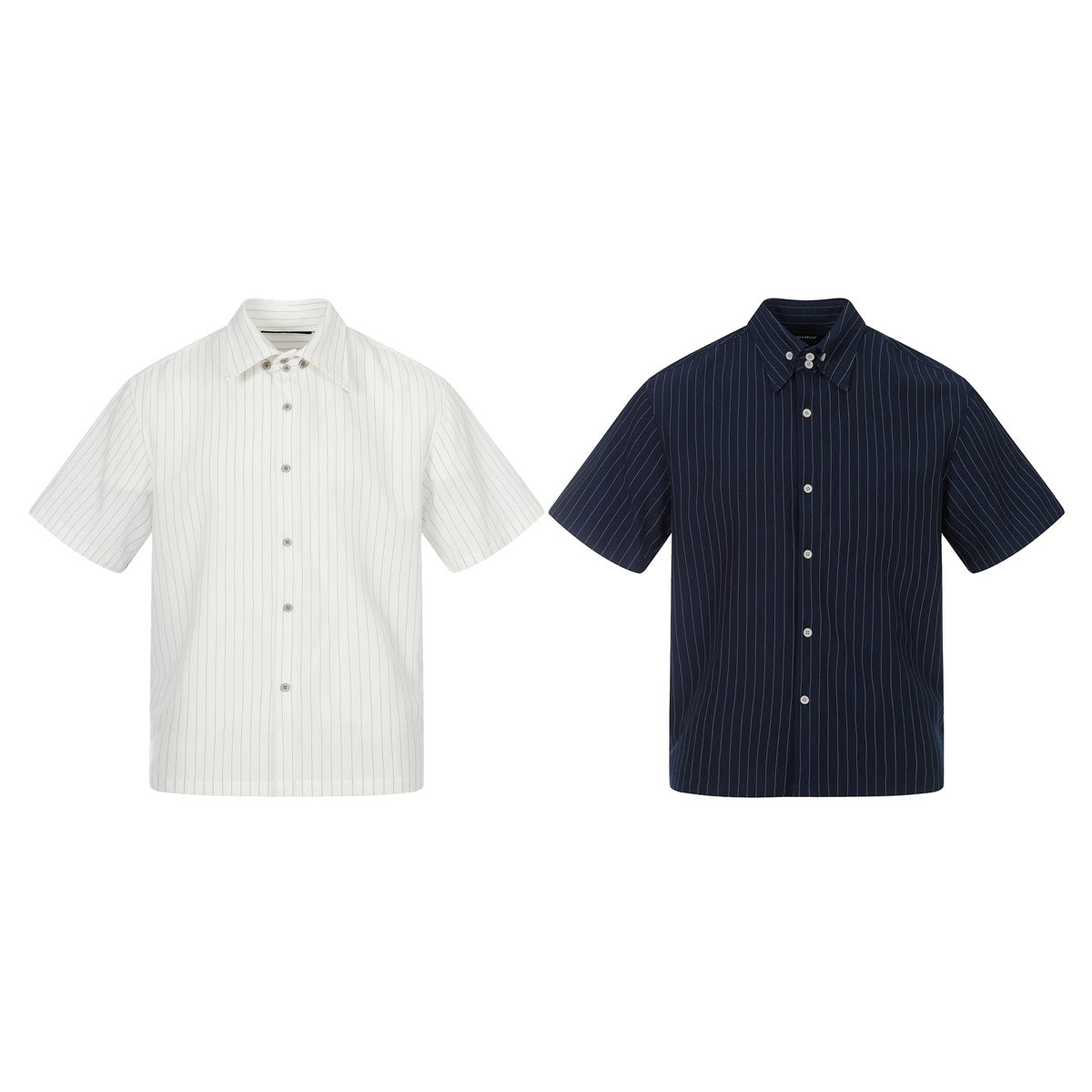 Two short-sleeve button-up shirts shown from the front: one white with fine gray stripes and one navy with white pinstripes.