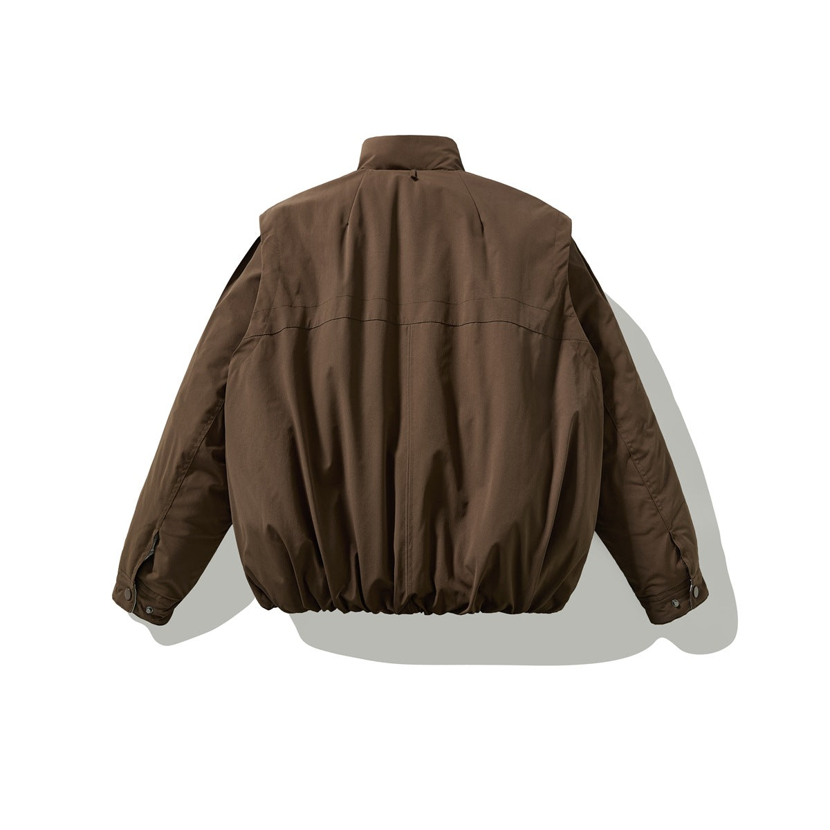 Back view of a dark brown jacket with a high collar, curved shoulder seams, button cuffs, and an elasticized hem.