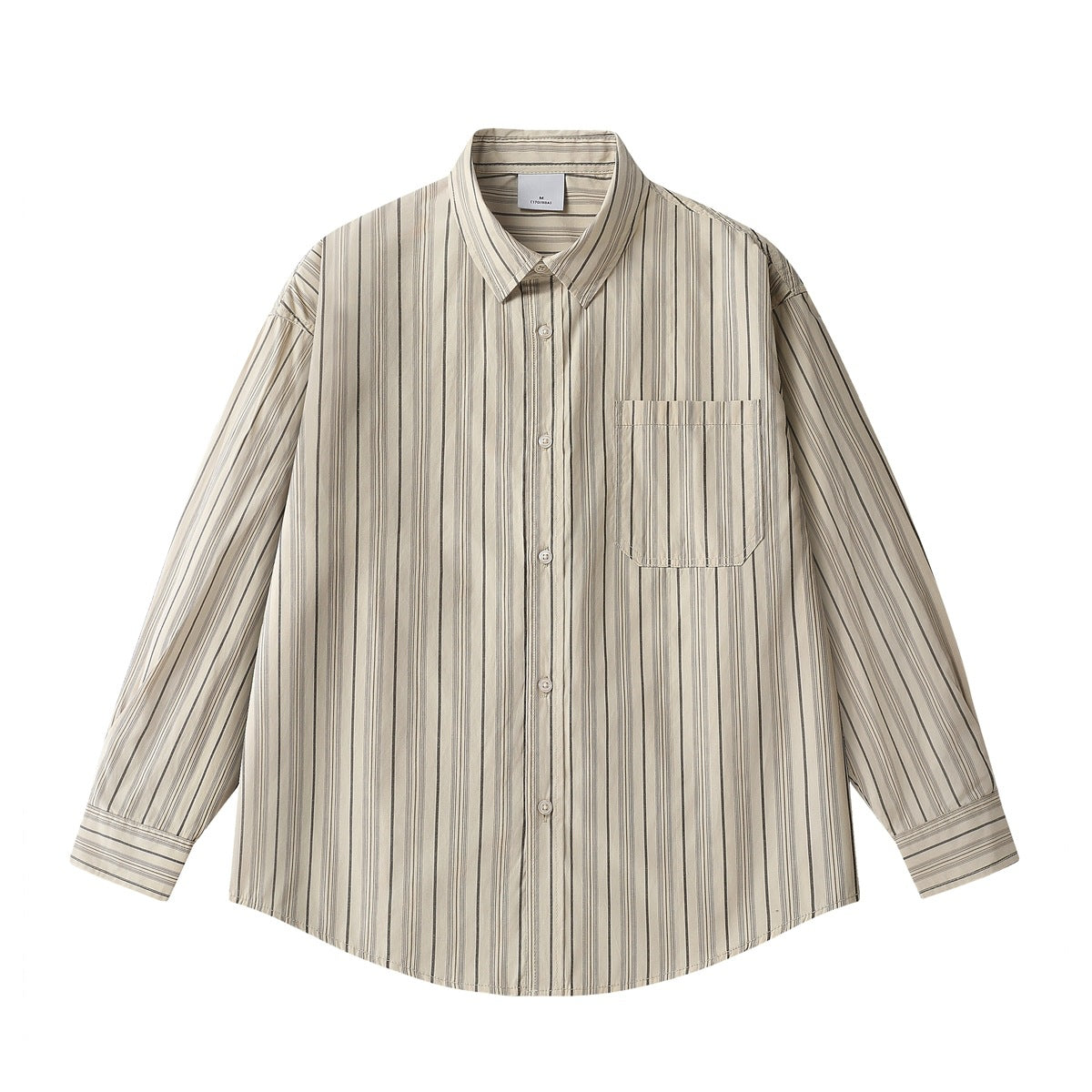 Khaki beige vertical striped long-sleeve button-up shirt with chest pocket, flat lay front view