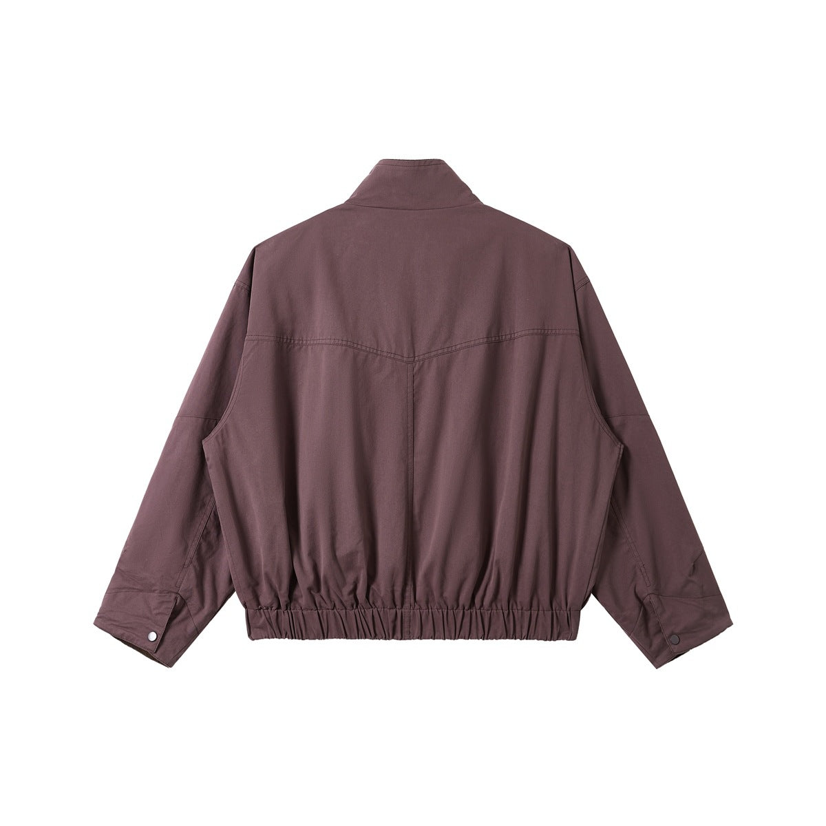 Back view of a plum jacket with a high collar, curved shoulder seams, snap cuffs, and a gathered hem.