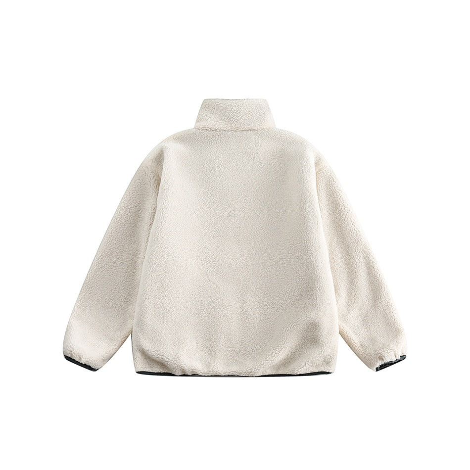 Back view of an ivory sherpa jacket with a stand collar and plain back.