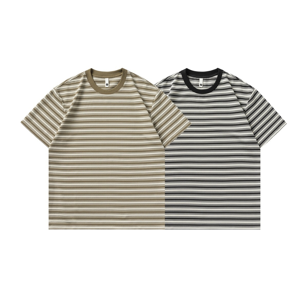 Two short-sleeve striped crew-neck T-shirts shown from the front: brown and ivory, and black and ivory.