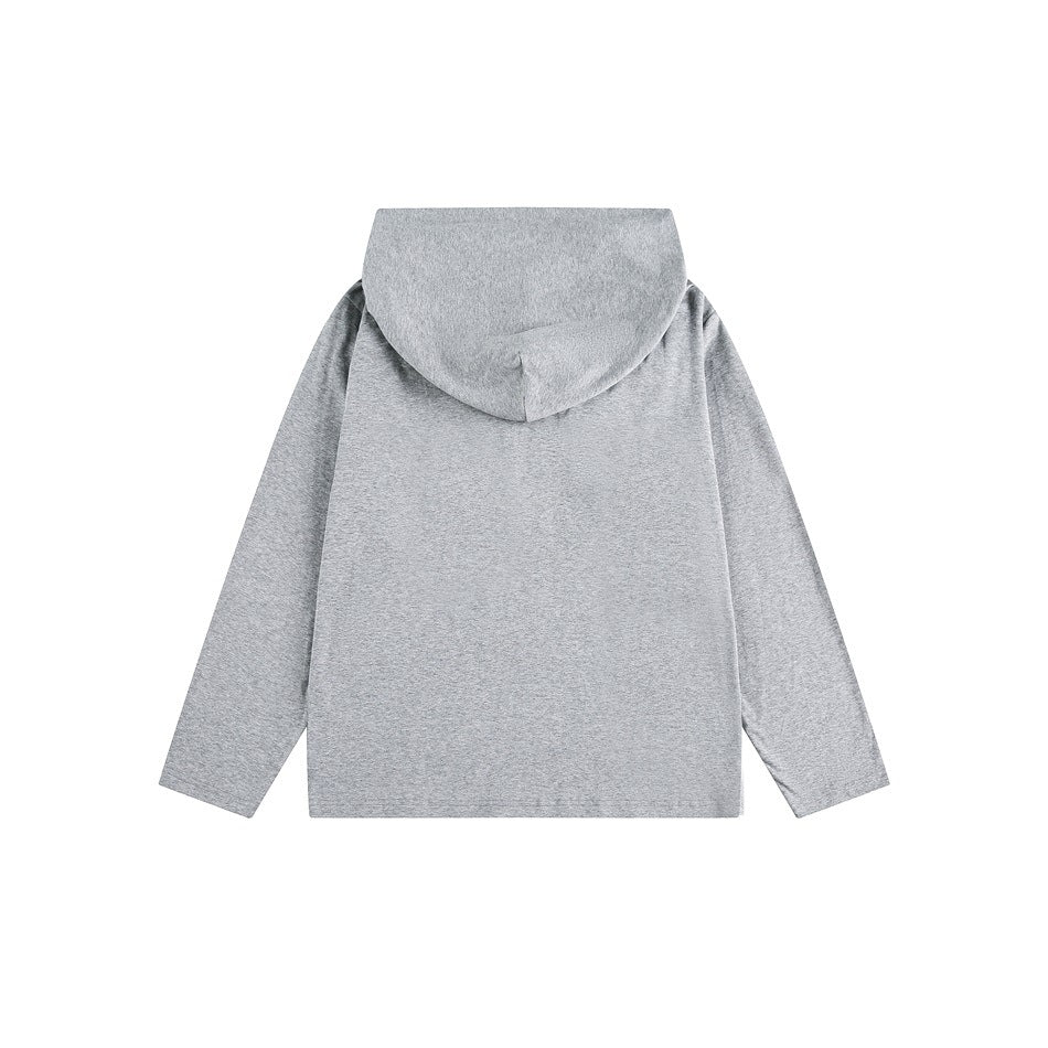 Back view of a light gray long-sleeve hooded top on a white background.
