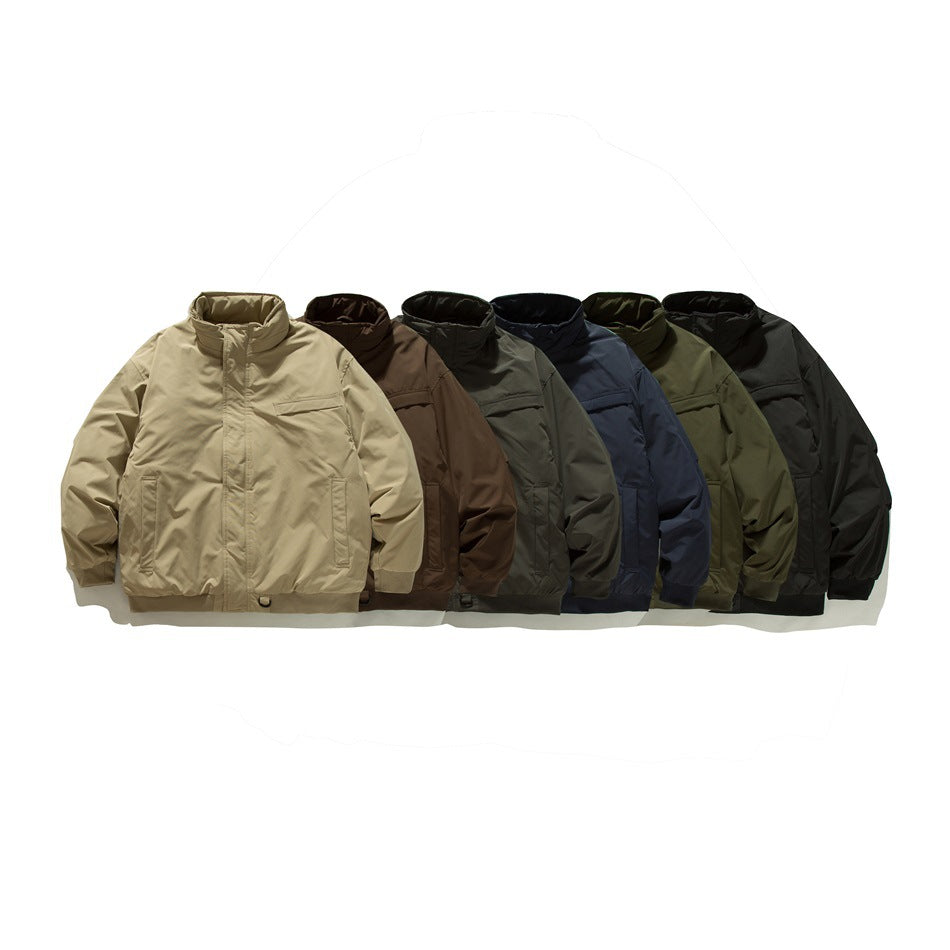 Six stand-collar jackets shown together in tan, brown, gray, navy, olive, and black.