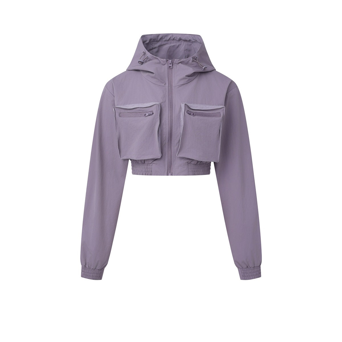 Purple cropped hooded zip jacket with two flap pockets, flat front view on white background