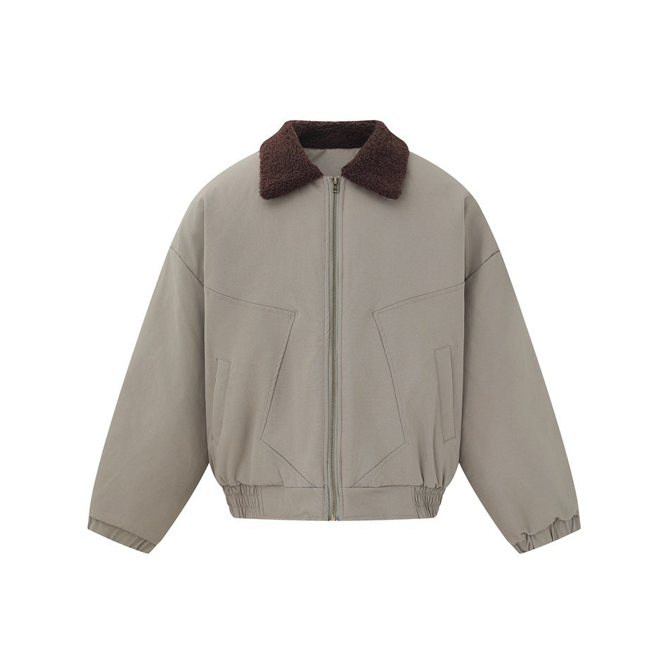 Khaki-taupe zip bomber jacket with brown fleece-like collar, angular front panels and elastic cuffs, flat front view