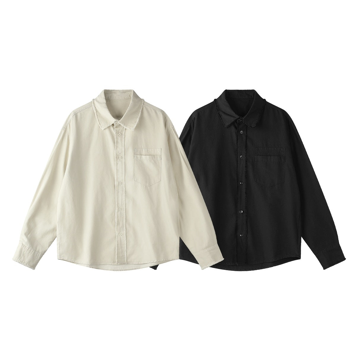 Two long-sleeve button-up shirts with chest pockets, shown in off-white and black.