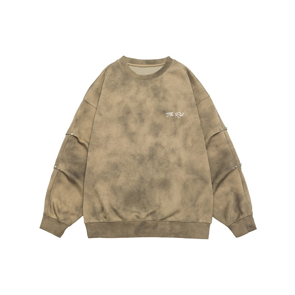 Army green mottled wash crewneck sweatshirt flat lay with white chest embroidery and stud details on the sleeves